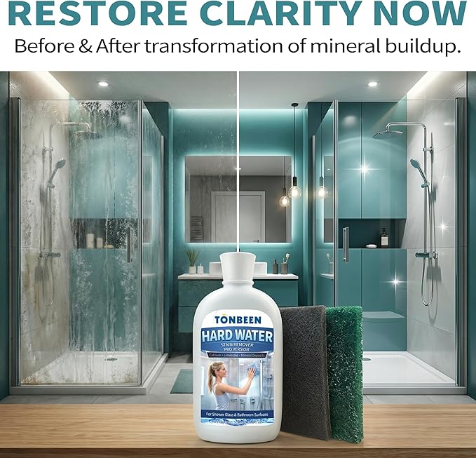 Hard Water Stain Remover Paste with Polishing Pads Calcium & Limescale Cleaner for Shower Glass, Shower Doors & Tiles, Includes 800 & 1200 Grit Pads, 500ml, 16.9fl oz