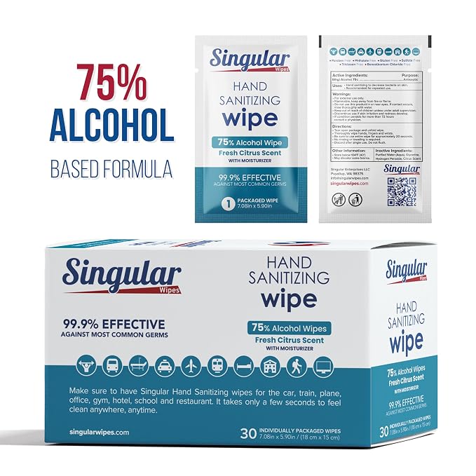 Hand Sanitizing Wipes Travel Size by Singular Wipes – 30ct Individually Wrapped | Fresh Citrus Scent, Moisturizing, 75% Alcohol Wipes | Travel, Office, School, Home