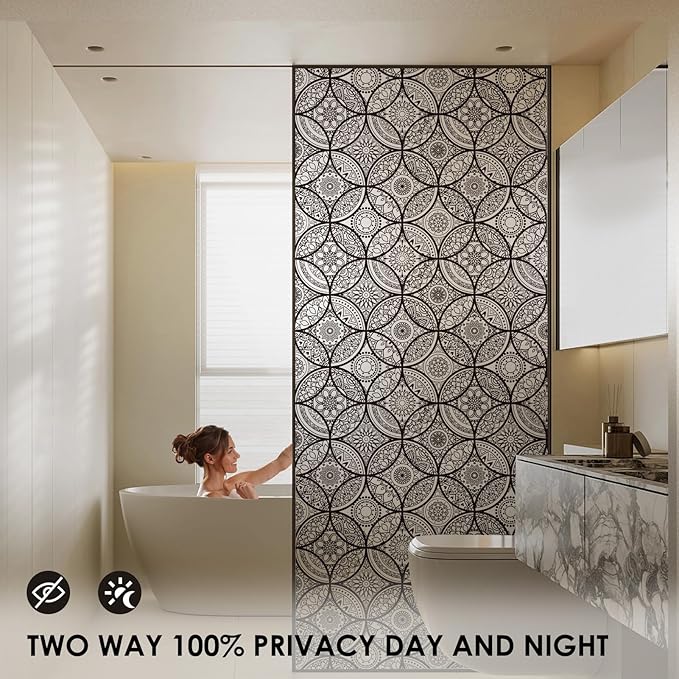 DKTIE Boho Stained Glass Look Window Privacy Film with Installation Tools, Decorative Frosted Glass Window Film Static Cling No Glue Removable, Pure Black, 35.4" x 78.7"