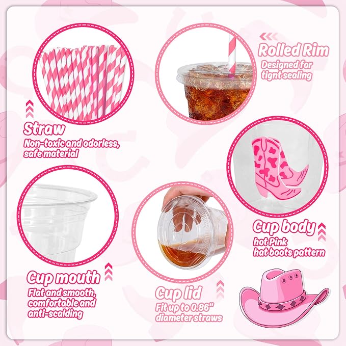 FYSUIMU 50Pcs Western Cowgirl Disposable Plastic Cups with Lids and Straws 12Oz Pink Preppy Cowboy Boot Hat Cold Beverage Drink Cup for Rodeo Birthday Party Supplies