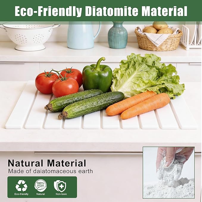 Large Stone Drying Mat for Kitchen Counter, 24"×16", Foldable Super Absorbent Stone Dish Drying Mat for Tableware, Bottles and Cups, Non Slip Diatomaceous drying matt kitchen counter (White)