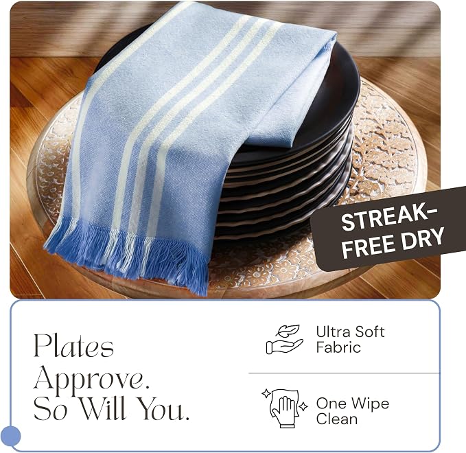 5 Pack Monochrome Stripe Dish Towels with Fringes, 16"x26", 100% Cotton, Absorbent & Durable, Quick Drying Kitchen Towels for Daily Cleaning, Cooking & Baking, Easy Care, Sky Blue