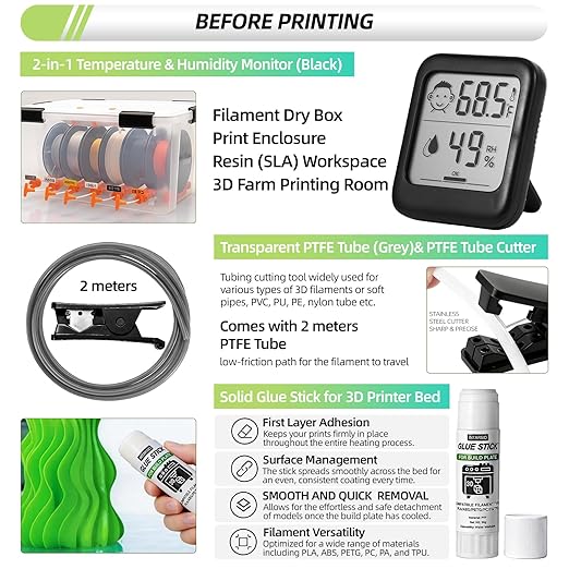 76pcs 3D Printer Tools Kit with Bag, 3D Printer Accessories includes Digital Caliper, Hygrometer, PTFE Tube Kit, Deburring Tool, Scrapers, Nozzle Cleaning, for Bambu Lab, Ender 3, FDM/SLA Printers etc