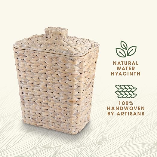 84ECO Wicker Trash Can with Lid and Liner - Rattan Trash Can for Bathroom - Decorative Wicker Waste Basket for Bedroom, Kitchen and Office (White)