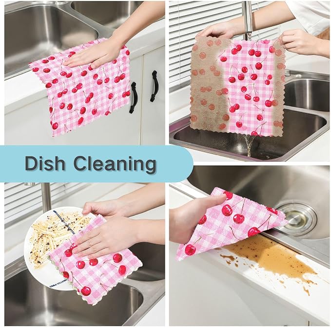 Pink Juicy Checkered Cherry Kitchen Towels Dish Cloths Set of 6 Microfiber Cleaning Cloths for Cars Super Absorbent Machine