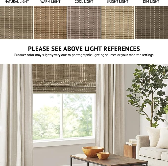 Madison Park Eastfield 100% Bamboo Cordless Roman Shades-Woven Wooden Privacy Panel, Light Filtering Easy Installation Window Blind Treatment, Bedroom, Living Room Decor, 33" W x 64" L, Natural Ash
