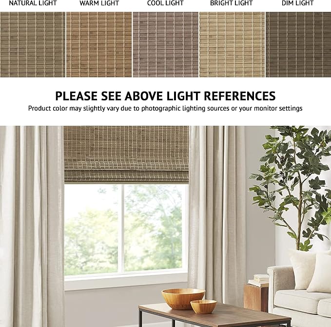 Madison Park Eastfield 100% Bamboo Cordless Roman Shades-Woven Wooden Privacy Panel, Light Filtering Easy Installation Window Blind Treatment, Bedroom, Living Room Decor, 27" W x 64" L, Natural Ash