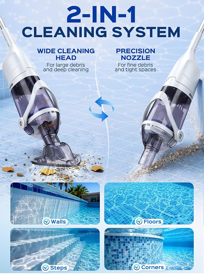 Cordless Handheld Pool Vacuum for Above Ground Pool, Rechargeable Small Pool Vacuum with Telescopic Pole, 60 Min Runtime, 14.1 GPM Suction, for Hot Tub, Spa & Small Pools, White