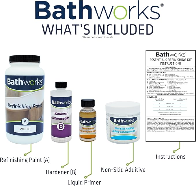 Bathworks Essentials Roll-On Refinishing Kit - 22 fl oz, High Gloss White, Long-Lasting Acrylic Resin Finish with Non-Slip Additive - Professional-Grade DIY Coating for Bathtubs, Tile, Sinks & Showers (Paint Materials Only)