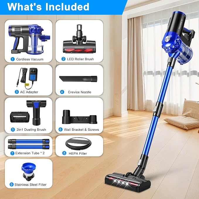 iwoly Cordless Vacuum Cleaner for Home, Brushless Stick Vacuum with 28KPa Powerful Suction, Rechargeable Battery, 3 Modes, Portable Handheld Vacuum for Hardwood Floor Pet Hair