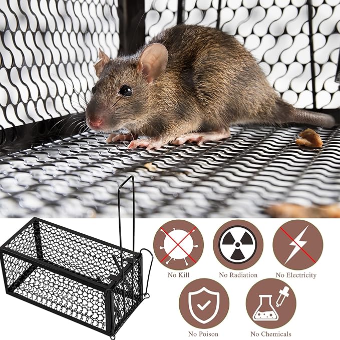 Qualirey 4 Pcs Humane Rat Trap Chipmunk Rodent Mouse Squirrel Trap 9.1 x 4.5 x 4.5 Inches Live Animal Mouse Voles Hamsters Live Cage Rat Cage for Mice Easy to Catch and Release (Black)