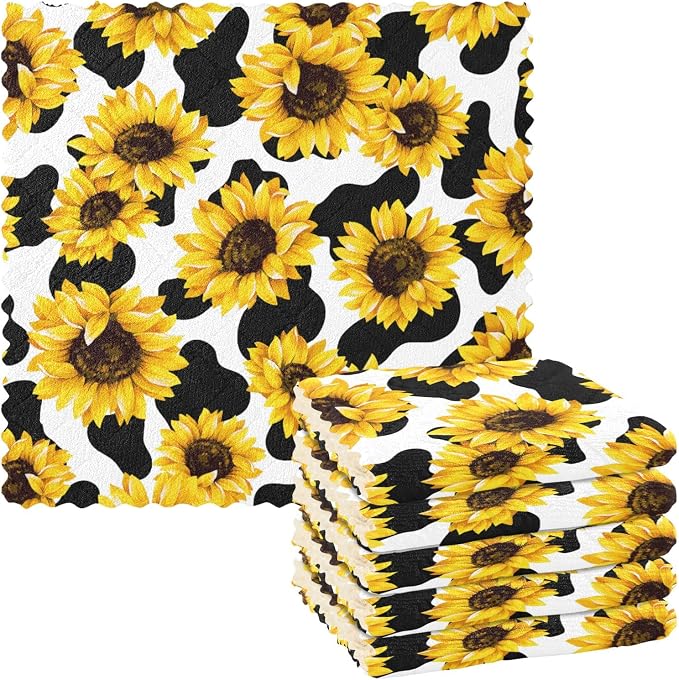 CaTaKu Sunflower Cow Kitchen Dish Cloths for Washing Dishes Reusable Cleaning Cloth Dish Towels Microfiber Washcloths Dish Rags for Kitchen, 6 Pack