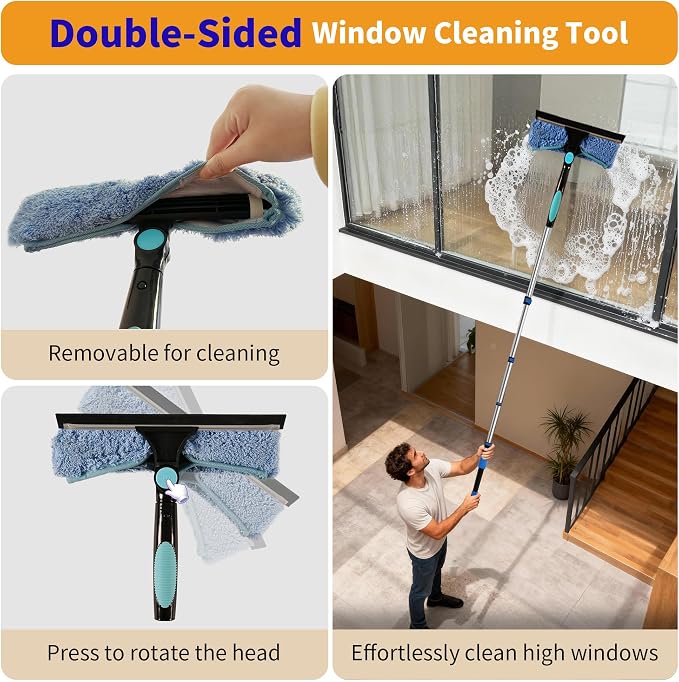 Duster with Extension Pole (20 FT Reach), Light Bulb Changer for High Ceilings & 3-12FT Extension Pole Duster Cleaning Kit, Fan Duster/Cobweb Duster/Window Washing Kit for High Window, Interior Roof