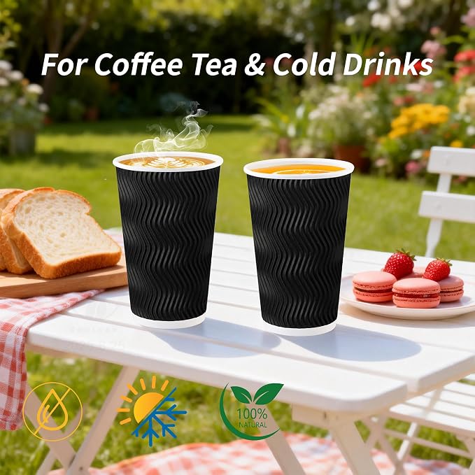 16 oz 100 Pack Corrugated Ripple Wall Disposable Coffee Cups with Lids and Straws, Heavy Duty Insulated Cups for Hot Beverage or Cold Drinks, Bulk for Restaurants, Offices, Coffee Shops(Black)