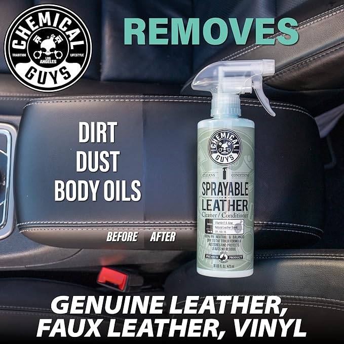 Chemical Guys SPI_103_16 Sprayable Leather Cleaner and Conditioner in One for Car Interiors, Apparel, Leather Scent, 16 fl oz & TVD11316 Tire Kicker Sprayable Extra Glossy Tire Shine, 16 fl oz