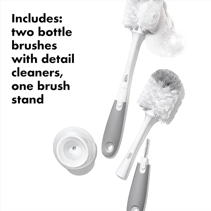 OXO Tot Bottle Brush with Nipple Cleaner and Stand – Gray, 2-Pack & Tot Travel Size Drying Rack with Bottle Brush- Gray