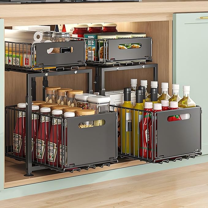 Under Sink Organizer, 2-Tier Multi-Use Kitchen and Bathroom Organizers and Storage, Slide Out Thickened Metal Under The Sink Organizer for Kitchen Bathroom Pantry (Style A Black, 1 Pack)
