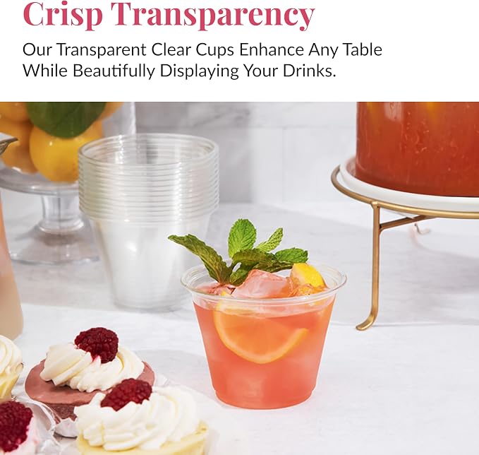 Prestee Clear Plastic Cups – 9oz Disposable PET Water, Wine, and Drink Glasses – Crystal Clear, Durable, Recyclable Party Cups – 100 Count for Holiday, Events, Coffee Shops, Restaurants