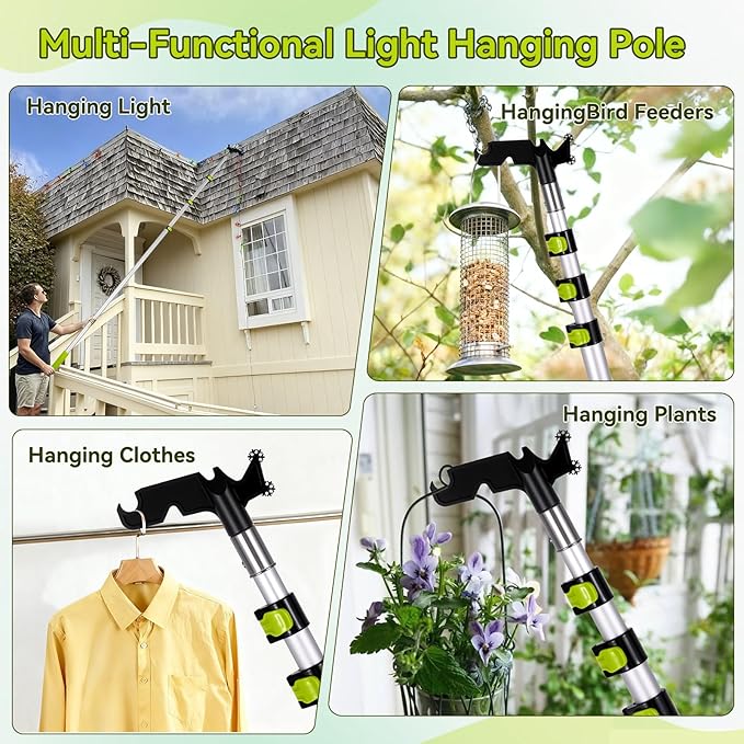 4.7-17 Foot Telescopic Extension Pole with Utility Hook, Telescoping Pole with Hook for String Lights,Christmas Lights,Birdfeeders, Sturdy (17Ft Pole with Hooks)