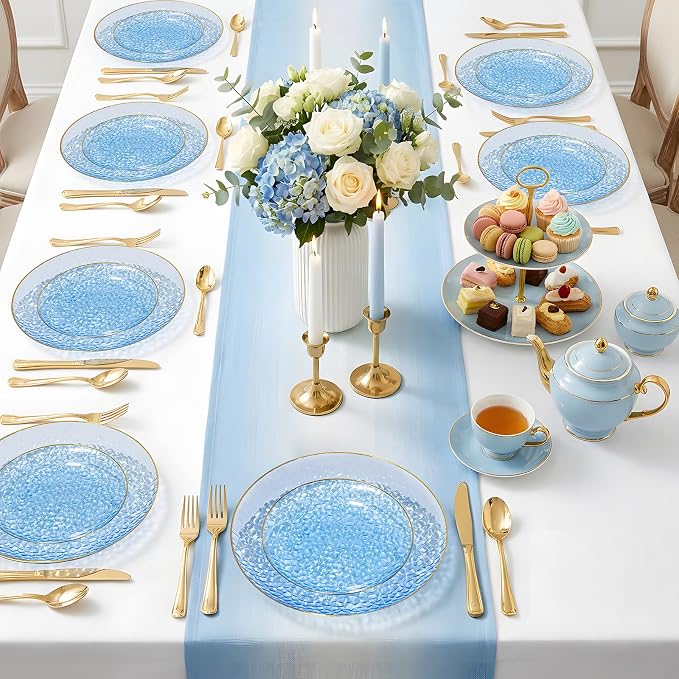 DaYammi 240Pcs Blue Dessert Plates Set Including 120Pcs Blue Cake Plates and 120Pcs Gold Forks,Hammered Party Plate,Gold Rim Appetizer plates Heavy duty Disposable Plastic Plate for Wedding Birthday