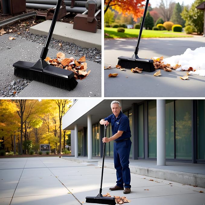 Eyliden 18" Push Broom for Deck Driveway Patio Garage | Heavy-Duty Stiff Bristles Sweeper with 66" Adjustable Handle | Outdoor Concrete Sidewalk Yard Snow Cleaning Tool, Black