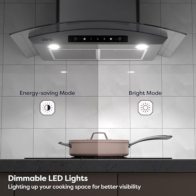 Wall Mount Range Hood 30 inch with Soft Touch Control in Stainless Steel & Tempered Glass, Stove Vent Hood for Kitchen with 3 Speed Fan, Permanent Filters, Ductless Convertible Duct, CIARRA CAS75502
