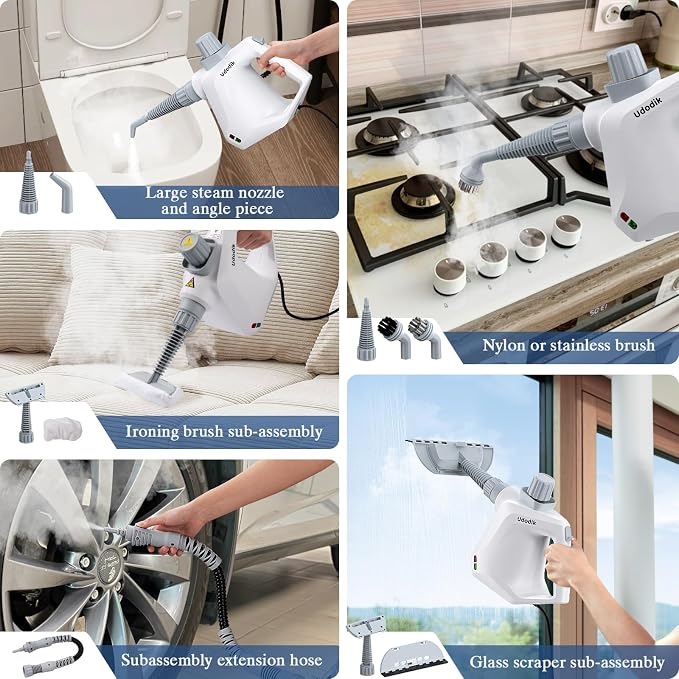 Handheld Steam Cleaner, versatile and portable design, comes with a safety lock and a 10-piece accessory set to easily remove dirt and grease (white).