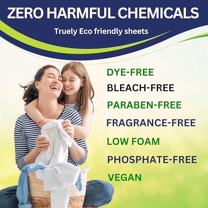 Laundry Detergent Sheets (32 Loads, Unscented), Eco-Friendly Washer Sheets Detergent, Plastic-Free Travel Laundry Soap, 16 Strips