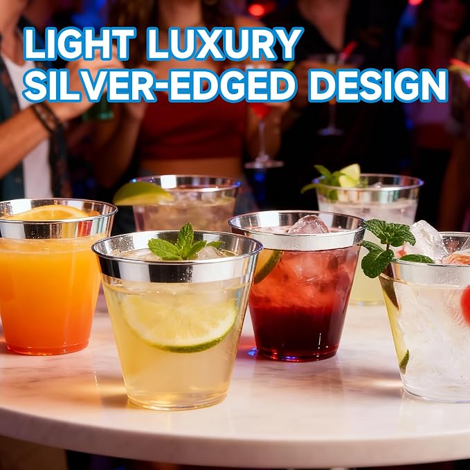RACETOP 9 oz 200 Pack Clear Plastic Cups, Disposable Clear Plastic Cups With Silver Rim for Parties, Gatherings, Weddings, and Festival Events