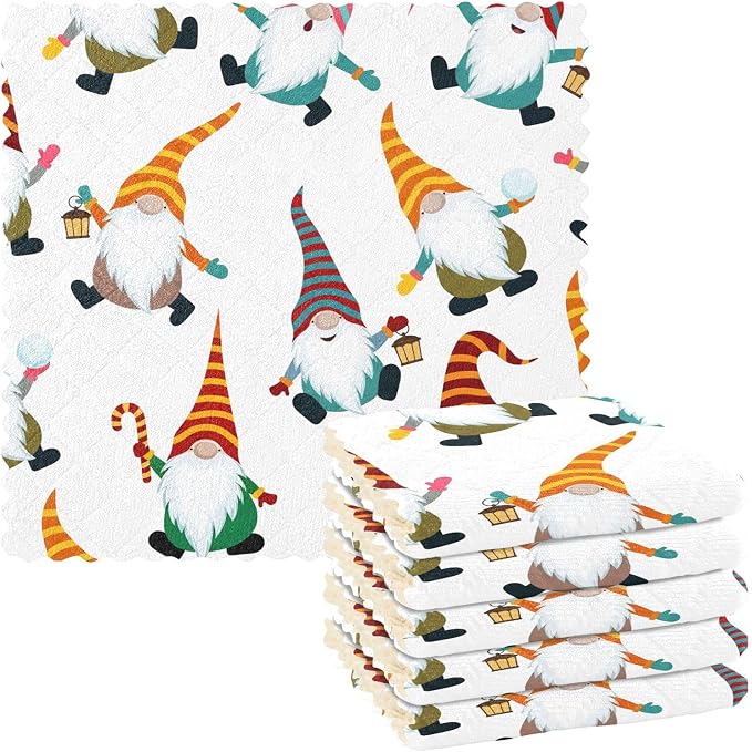 senya Christmas Kitchen Dishcloths, Christmas Gnomes Seamless Cloth Dish Towels 6 Pack Super Absorbent Dishtowels Reusable Cleaning Cloths
