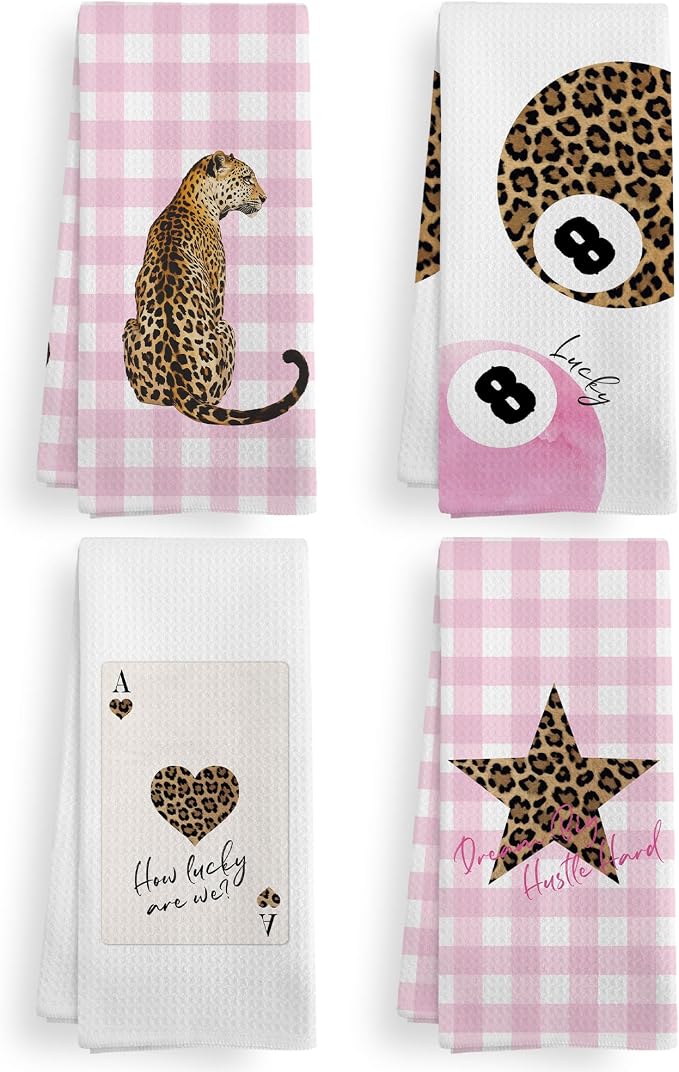 Trendy Leopard Cheetah Print Poker Lucky 8 Ball Bathroom Decor, Preppy Pink Plaid Decor Dish Hand Towels for Bathroom Kitchen Sets of 2, Cheetah Gingham Kitchen Towels and Dishcloths,16x24in