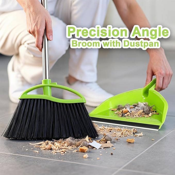 Soft Bristle Broom and Dustpan Combo Set, Long Handle Indocor Broom with Dustpan Set for Kitchen Hardwood Room Office and All Household Floor Cleaning (Green)
