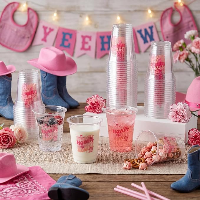 100 Pcs Pink Cowgirl Plastic Cups 12 oz Pink Howdy Western Disposable Plastic Drinking Cups Bulk for Western Cowgirl Birthday Baby Shower Bachelorette Party Decoration Supplies