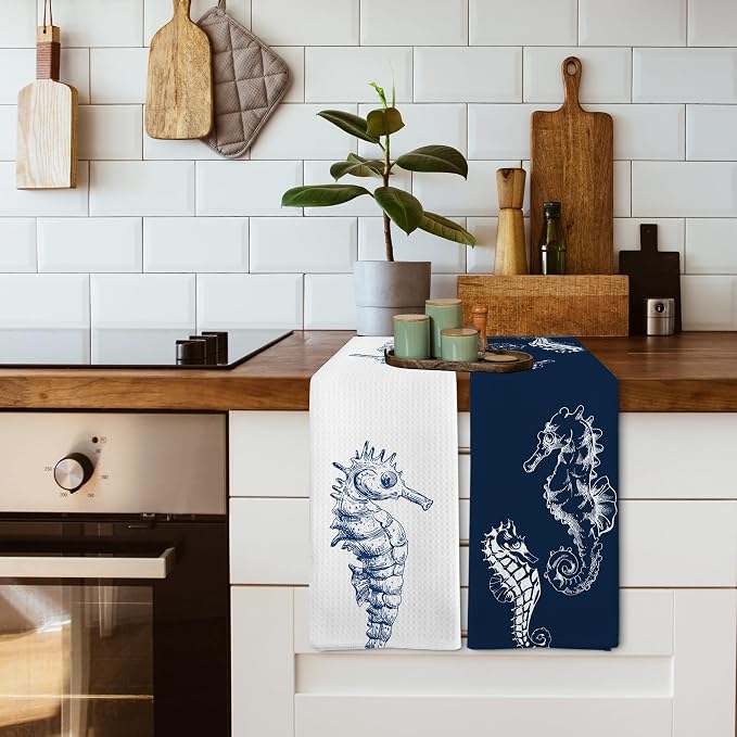 Coastal Seahorse Beach Decor Dish Hand Tea Towels for Bathroom Kitchen, Blue Seahorse Ocean Nautical Beachy Bathroom Decor, Coastal Nautical Kitchen Towels and Dishcloths Sets of 2, 16x24Inch