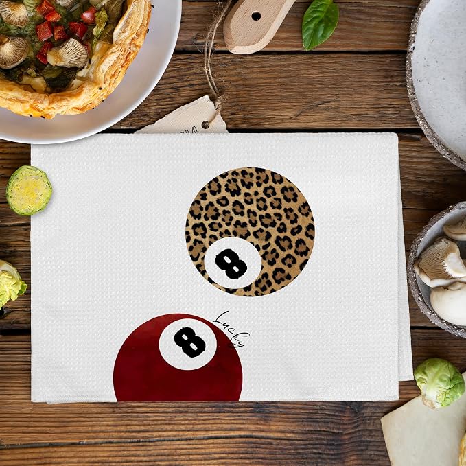 Trendy Leopard Cheetah Print Poker Lucky 8 Ball Bathroom Decor, Preppy Red Burgundy Maroon Decor Dish Hand Towels for Bathroom Kitchen Sets of 2, Cheetah Kitchen Towels and Dishcloths,16x24in