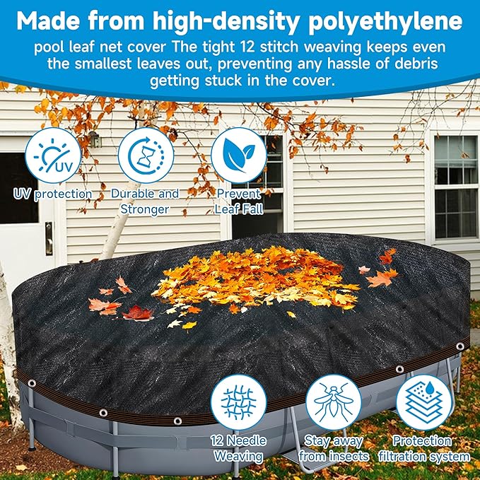 Pool Leaf Net Cover 18x34 Oval Above Ground, Black Mesh Swimming Pool Net Cover with Winch & Cable, Heavy-Duty Tear Resistant UV-Protected Weatherproofa (Black, Oval-18FTX34FT)