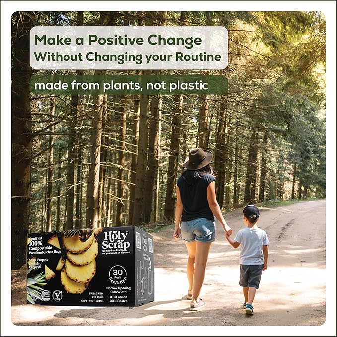 Large Slim Compostable Trash Bags - 8-10 Gallon, 30 Pack | Plastic-Free Tall Kitchen Garbage Bags & Liners with Easy-Tie Handles | Thick Bin Bag Liners for Green & Food Waste