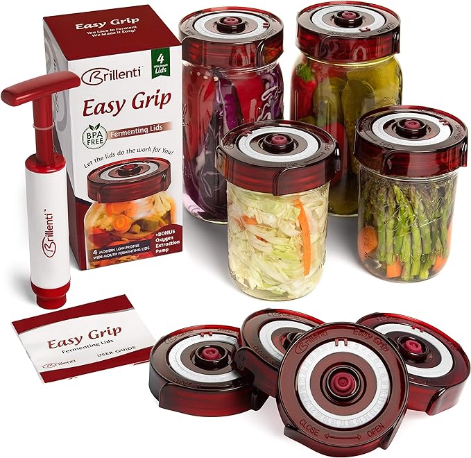 Fermenting Lids for wide mouth mason jars. 4 waterless airlock fermentation lids kit. Easy Grip fermenter lid with Oxygen Pump automatically Vents air. Tracks ferment date. (4 Lids + Pump)