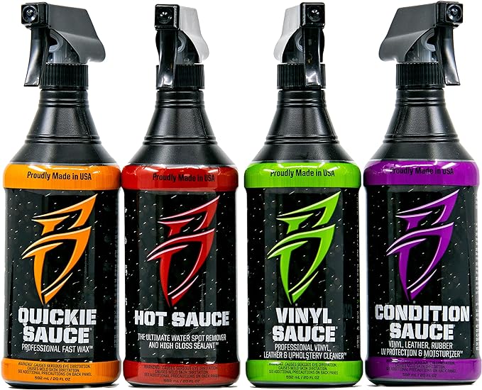 Bling Sauce Boat Essentials Cleaning & Detailing Kit, 4-Pack, 20 oz Each | Four marine care sprays tackle hard water spots, vinyl, interiors and fast wax shine in one compact detailing bundle