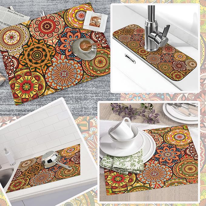 3Pcs Vintage Floral Dish Drying Mat & Kitchen Sink Splash Guard Faucet Mat For Kitchen Counter Absorbent Microfiber Dishes Pad Dish Drainer Rack Mats Fast Dry Kitchen Accessories