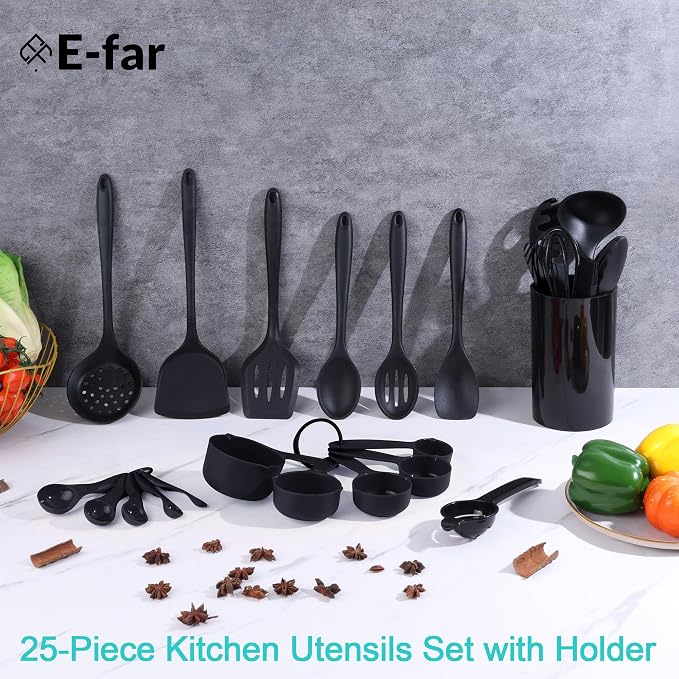 E-far Silicone Cooking Utensils Set, 25 Piece Kitchen Utensils with Holder, Non Toxic Kitchen Tools Spatula, Turner, Spoon, Ladle for Nonstick Cookware, Heat Resistant & Dishwasher Safe - Black
