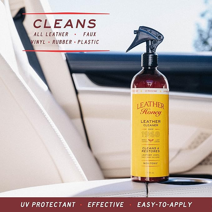 Leather Honey 8oz Conditioner, 16oz Spray Cleaner, and Black Recoloring Balm
