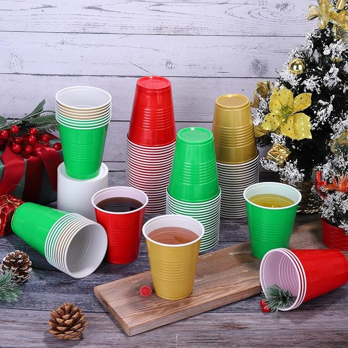 Kochorie 100 Pack Christmas Disposable Plastic Cups 12 Ounce Drinking Party Cups Bulk Party Cups for Christmas Wedding Birthday Graduation Parties, Picnics Events (Red, Green, Gold)