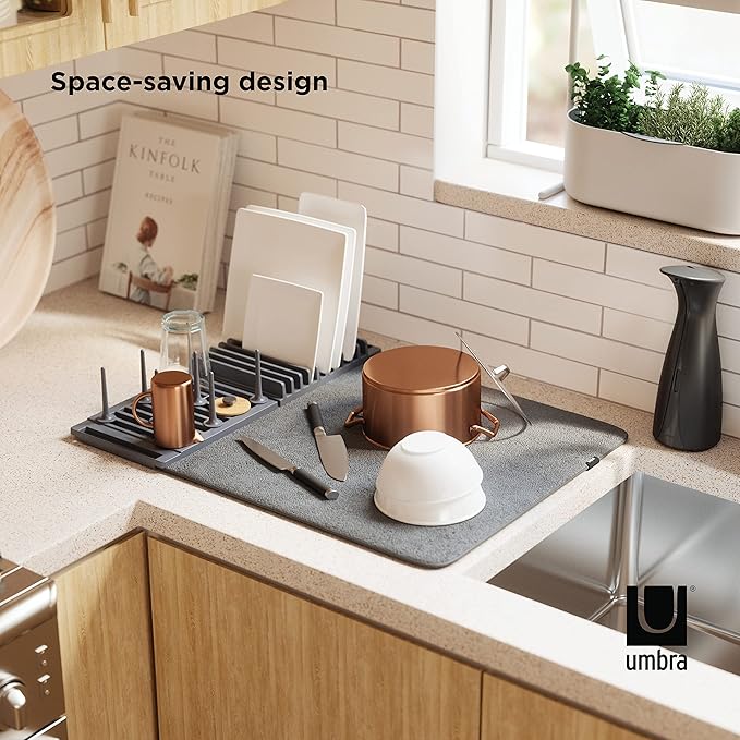 Umbra Udry Dish Rack with Movable Pegs and Microfiber Drying Mat – Space-Saving Design Folds Up for Easy Storage, Basic Rack, Dark Grey