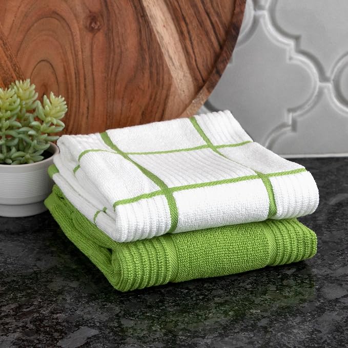 T-Fal Solid & Checked Parquet Kitchen Towels: Highly Absorbent, Super Soft Long Lasting - 100% Cotton, 16"x26" Dish Towels for Cleaning & Drying Dishes, Pans, Glassware, Countertops, 2-Pack, Green