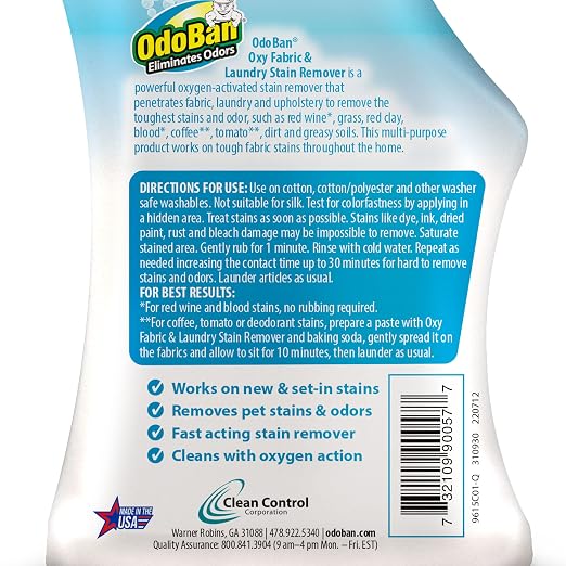 OdoBan Ready-to-Use Oxy Fabric and Laundry Stain Remover, Triple Action Stain Eliminator, 6-Pack, 32 Ounce Spray Each