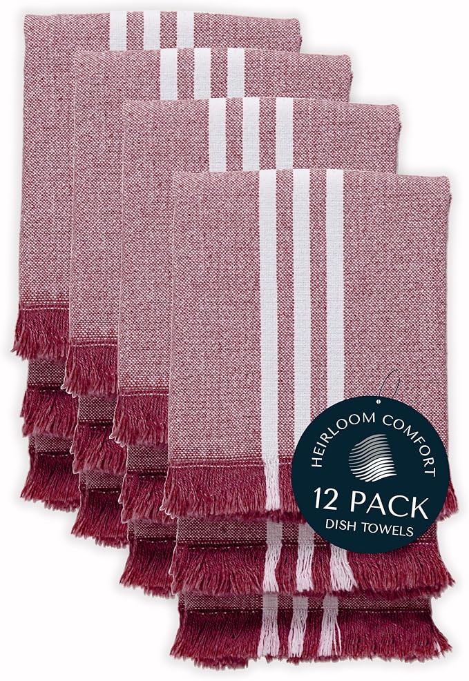 Monochrome Stripe Kitchen Towels 12 Pack, 100% Cotton, 16"x26", Absorbent & Quick Dry, Washable Dish Towels for Drying Dishes & Wiping Counters, Reusable, Easy Care, Burgundy Wine