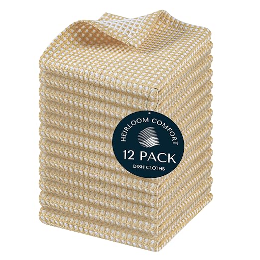 12 Pack Dual Tone Waffle Weave Dish Cloth, 12x12 Inch, 100% Cotton Dishcloth Set, Super Absorbent, Fast Dry, Teal Towels, Soft Hand Towel, Durable Dish Rags & Wash Cloth, Beige