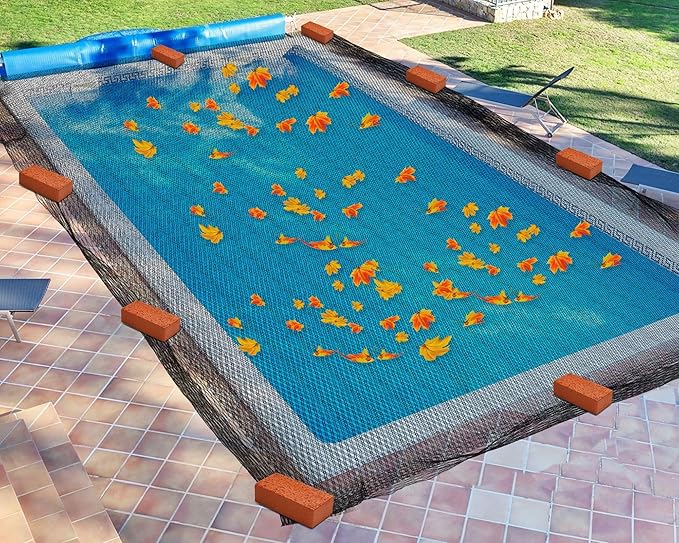 Therwen 23 x 42.5 ft Leaf Net Cover for Inground Pools Rectangle Mesh Keeps Leaves Out Applies to 7 x 13 M Pool for Winter Autumn Summer Cover Resistance Cold and UV, Easy to Install, Black