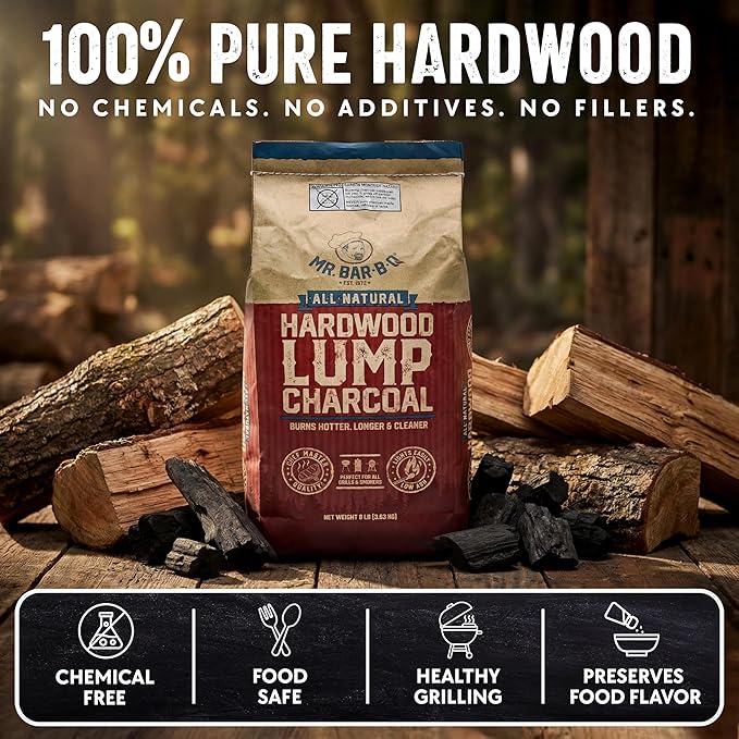 20 LB. All Natural Hardwood Lump Charcoal by Mr. Bar-B-Q - Premium Natural Charcoal for Grilling, BBQ, Smoking, Kamado & Kettle Grills - Burns Hotter & Longer - Smoky Flavor, Low Ash & Easy to Light